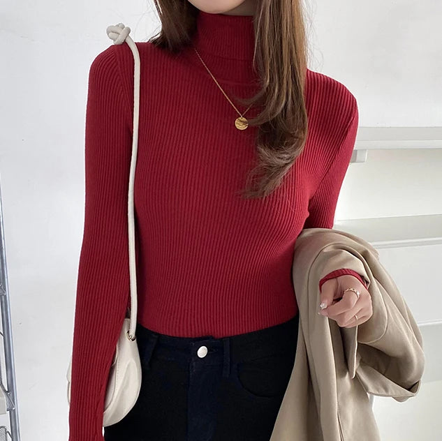 Suéter Feminino Gola Alta Tricô Cashmere Slim Outono Inverno Casual Elegante