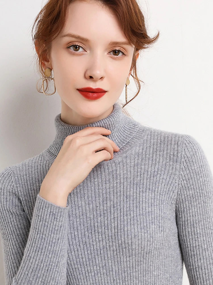Suéter Feminino Gola Alta Tricô Cashmere Slim Outono Inverno Casual Elegante