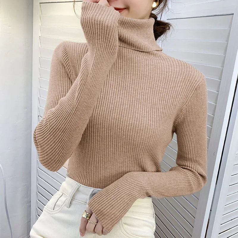 Suéter Feminino Gola Alta Tricô Cashmere Slim Outono Inverno Casual Elegante