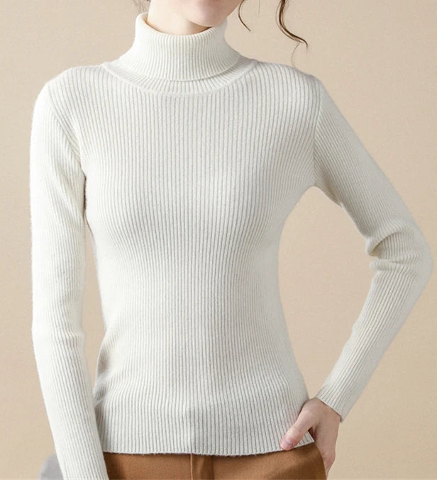 Suéter Feminino Gola Alta Tricô Cashmere Slim Outono Inverno Casual Elegante