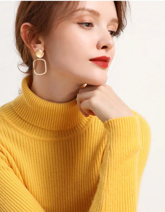 Suéter Feminino Gola Alta Tricô Cashmere Slim Outono Inverno Casual Elegante