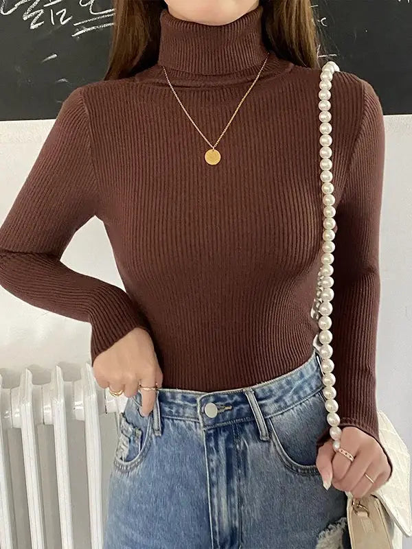 Suéter Feminino Gola Alta Tricô Cashmere Slim Outono Inverno Casual Elegante