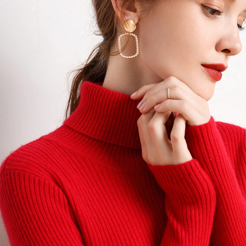 Suéter Feminino Gola Alta Tricô Cashmere Slim Outono Inverno Casual Elegante