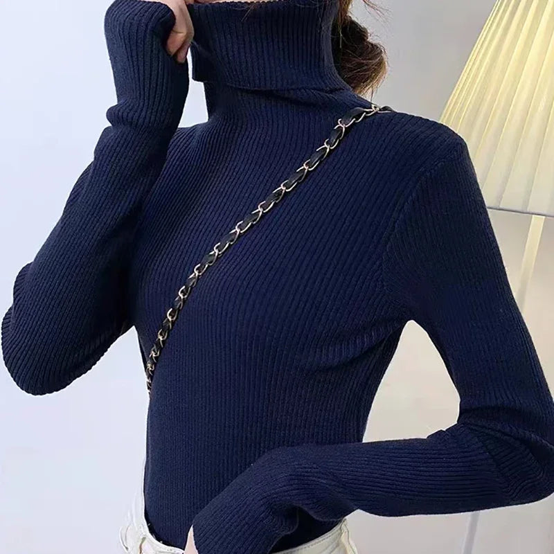 Suéter Feminino Gola Alta Tricô Cashmere Slim Outono Inverno Casual Elegante
