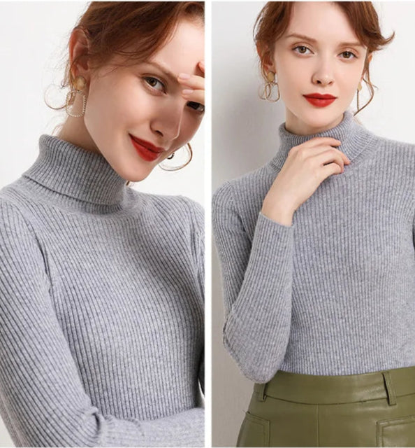 Suéter Feminino Gola Alta Tricô Cashmere Slim Outono Inverno Casual Elegante