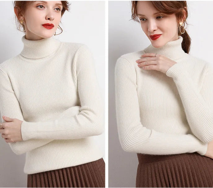 Suéter Feminino Gola Alta Tricô Cashmere Slim Outono Inverno Casual Elegante