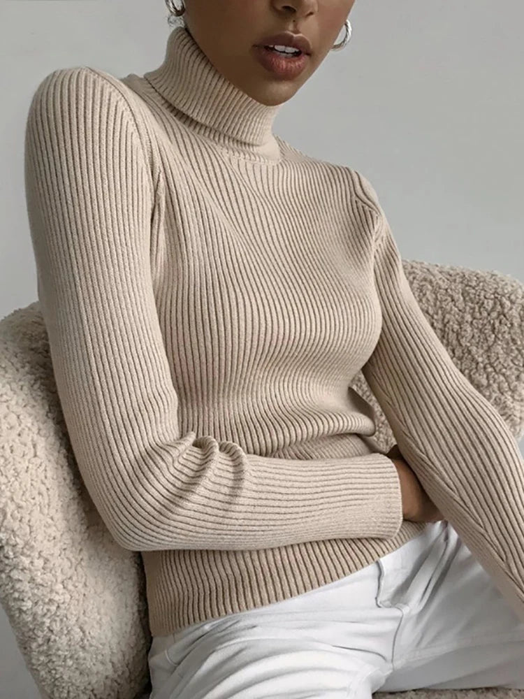Suéter Feminino Gola Alta Tricô Cashmere Slim Outono Inverno Casual Elegante