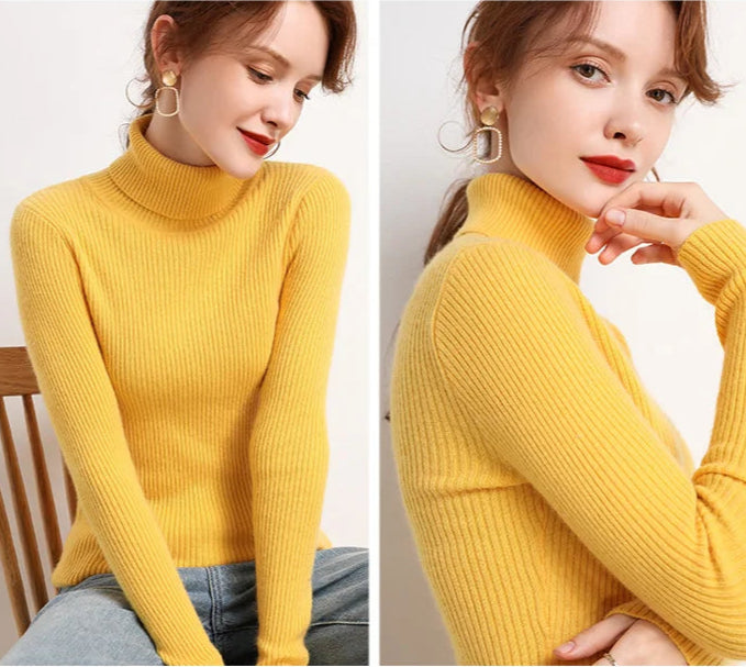 Suéter Feminino Gola Alta Tricô Cashmere Slim Outono Inverno Casual Elegante