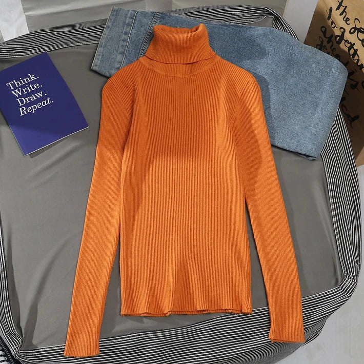 Suéter Feminino Gola Alta Tricô Cashmere Slim Outono Inverno Casual Elegante