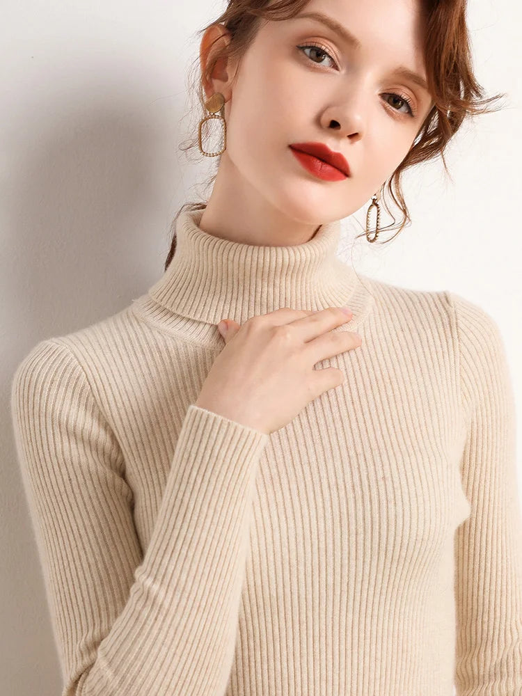 Suéter Feminino Gola Alta Tricô Cashmere Slim Outono Inverno Casual Elegante