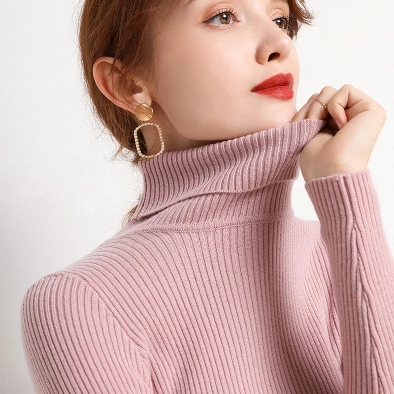 Suéter Feminino Gola Alta Tricô Cashmere Slim Outono Inverno Casual Elegante
