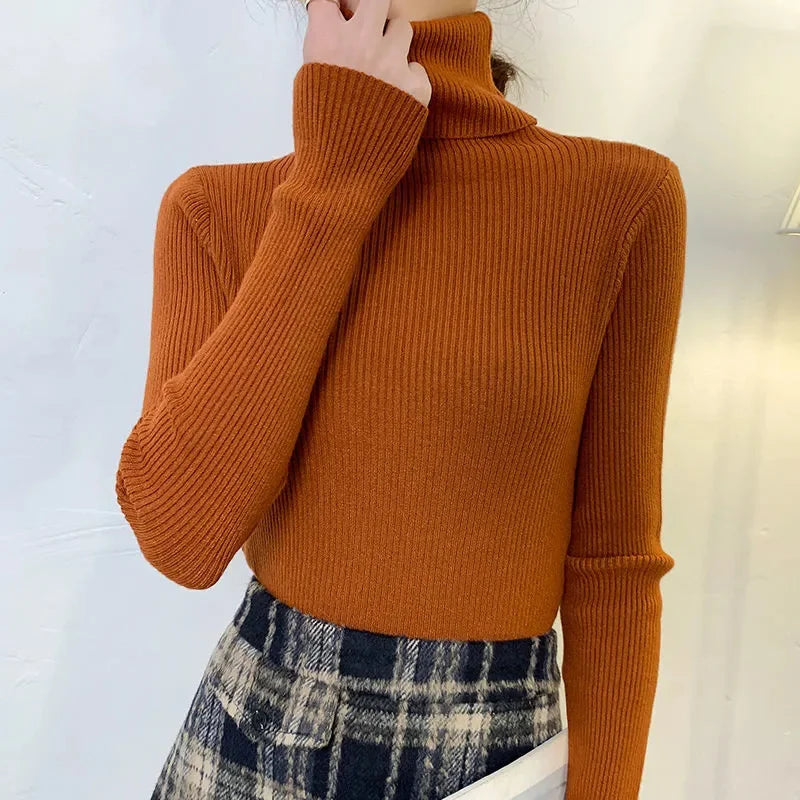 Suéter Feminino Gola Alta Tricô Cashmere Slim Outono Inverno Casual Elegante