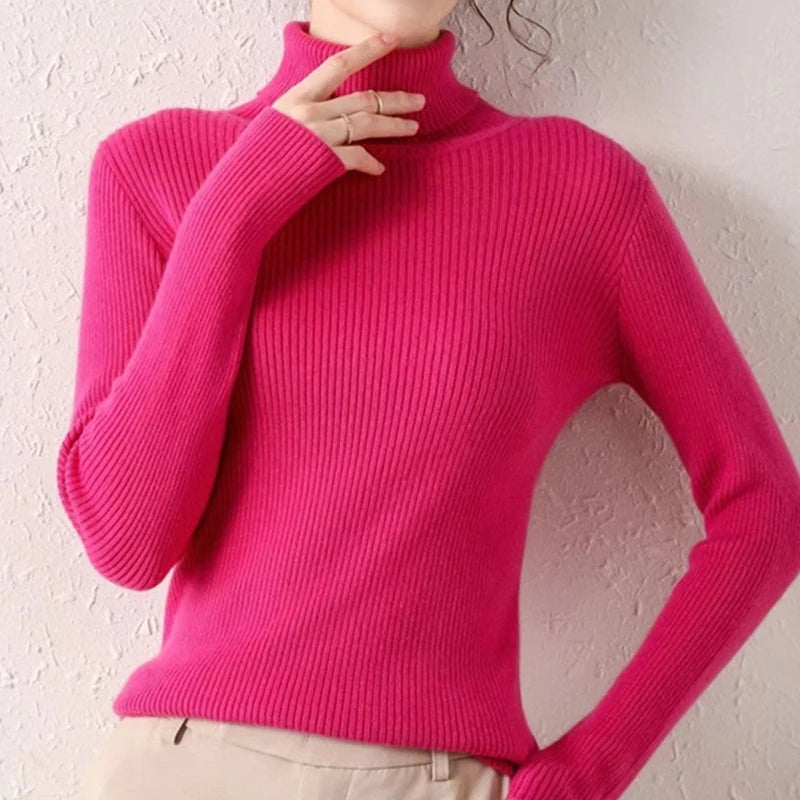 Suéter Feminino Gola Alta Tricô Cashmere Slim Outono Inverno Casual Elegante