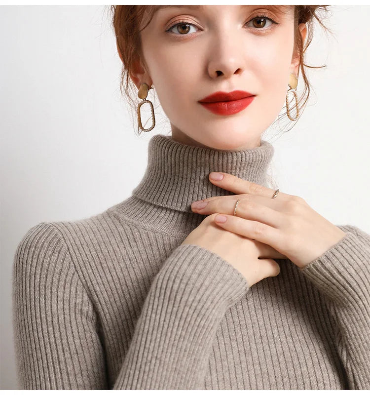 Suéter Feminino Gola Alta Tricô Cashmere Slim Outono Inverno Casual Elegante