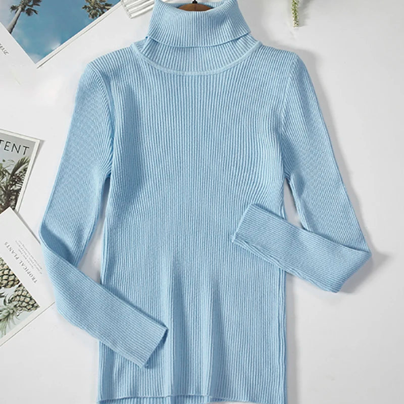 Suéter Feminino Gola Alta Tricô Cashmere Slim Outono Inverno Casual Elegante