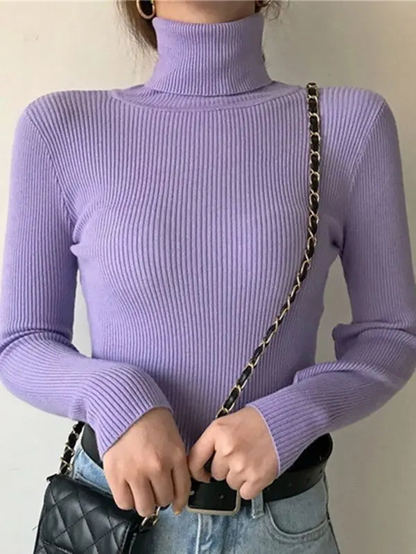 Suéter Feminino Gola Alta Tricô Cashmere Slim Outono Inverno Casual Elegante