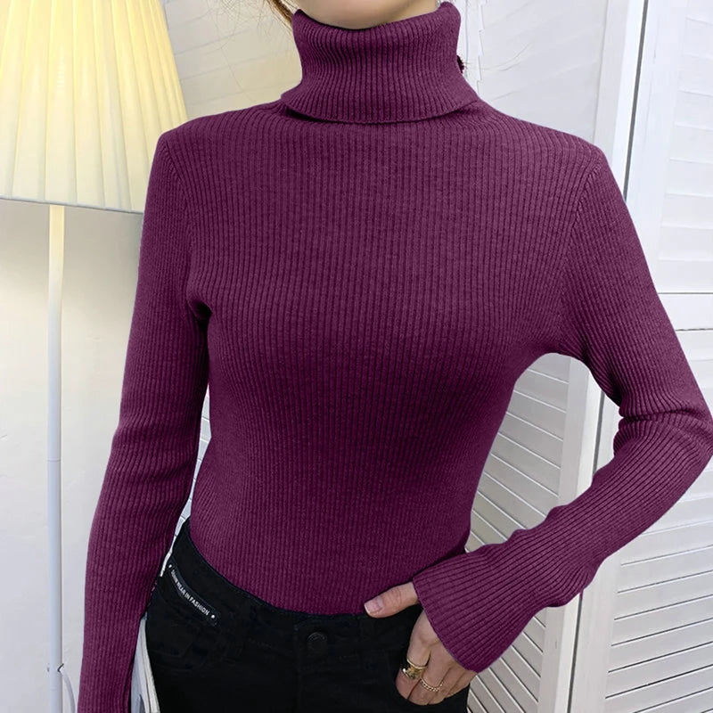 Suéter Feminino Gola Alta Tricô Cashmere Slim Outono Inverno Casual Elegante