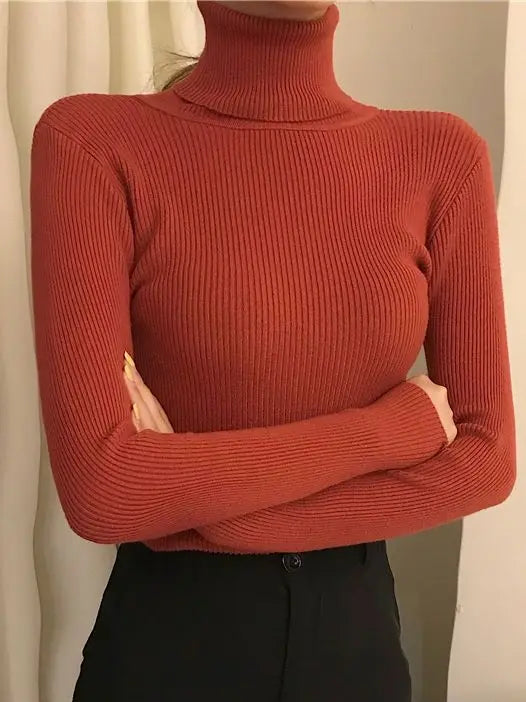 Suéter Feminino Gola Alta Tricô Cashmere Slim Outono Inverno Casual Elegante