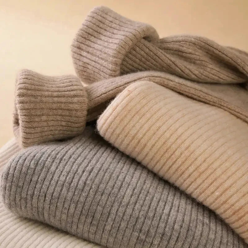 Suéter Feminino Gola Alta Tricô Cashmere Slim Outono Inverno Casual Elegante
