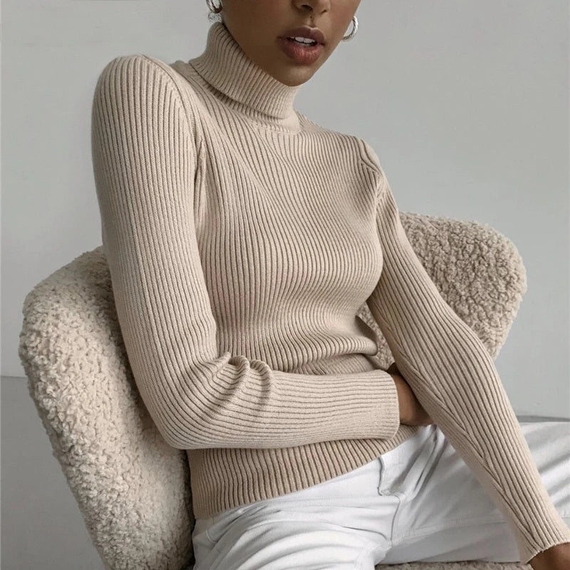 Suéter Feminino Gola Alta Tricô Cashmere Slim Outono Inverno Casual Elegante