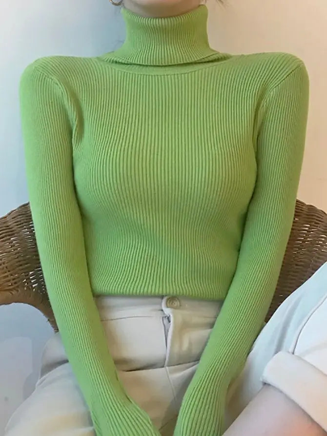 Suéter Feminino Gola Alta Tricô Cashmere Slim Outono Inverno Casual Elegante