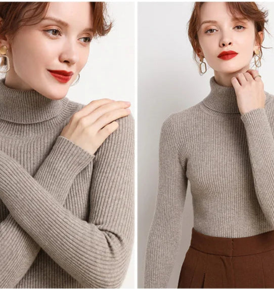 Suéter Feminino Gola Alta Tricô Cashmere Slim Outono Inverno Casual Elegante