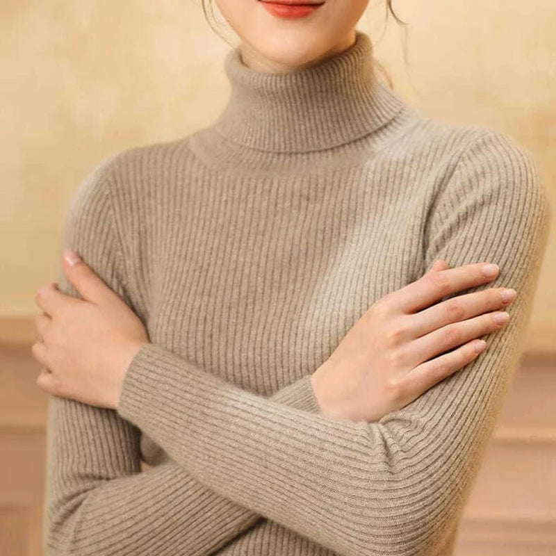 Suéter Feminino Gola Alta Tricô Cashmere Slim Outono Inverno Casual Elegante