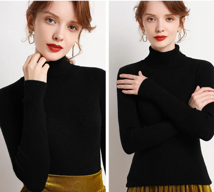 Suéter Feminino Gola Alta Tricô Cashmere Slim Outono Inverno Casual Elegante
