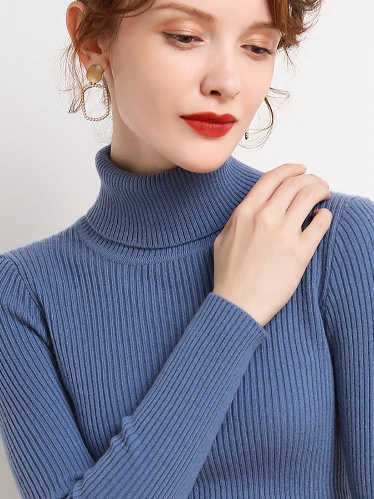 Suéter Feminino Gola Alta Tricô Cashmere Slim Outono Inverno Casual Elegante