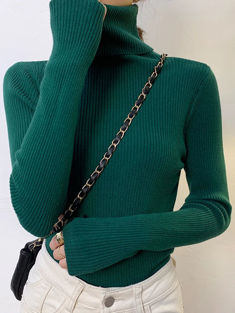 Suéter Feminino Gola Alta Tricô Cashmere Slim Outono Inverno Casual Elegante