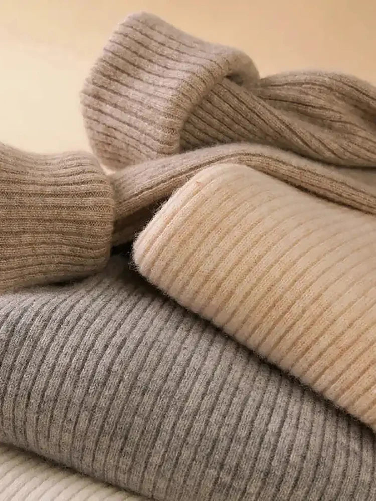 Suéter Feminino Gola Alta Tricô Cashmere Slim Outono Inverno Casual Elegante