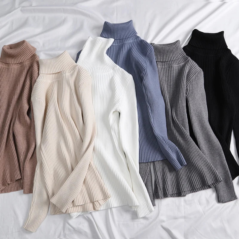 Suéter Feminino Gola Alta Tricô Cashmere Slim Outono Inverno Casual Elegante