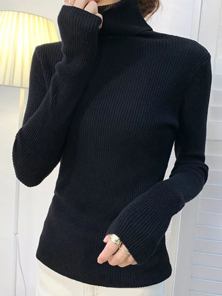 Suéter Feminino Gola Alta Tricô Cashmere Slim Outono Inverno Casual Elegante