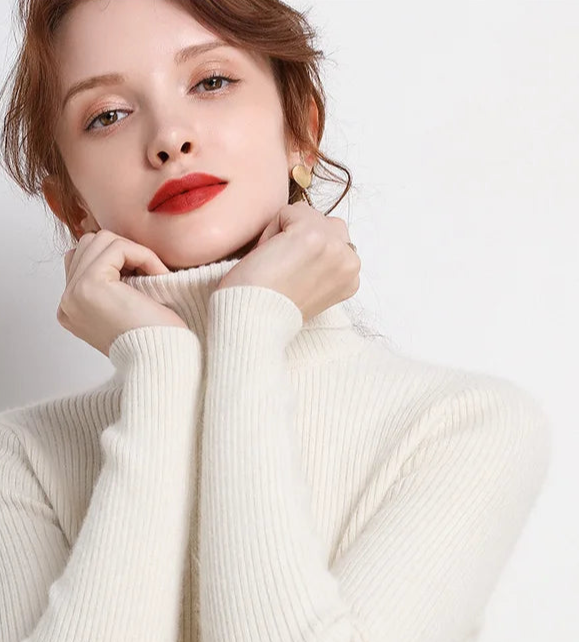 Suéter Feminino Gola Alta Tricô Cashmere Slim Outono Inverno Casual Elegante