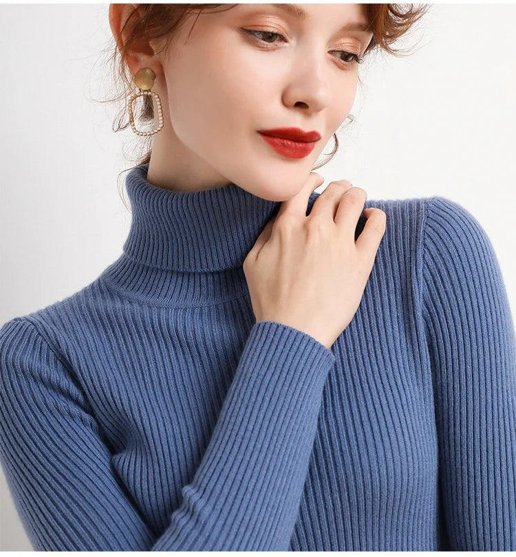 Suéter Feminino Gola Alta Tricô Cashmere Slim Outono Inverno Casual Elegante