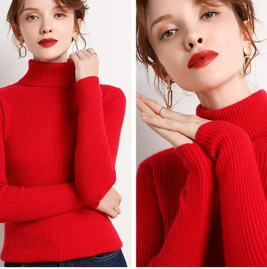 Suéter Feminino Gola Alta Tricô Cashmere Slim Outono Inverno Casual Elegante